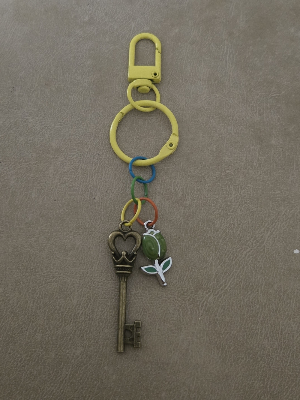 Vintage Brass Key & Green Rose Bag Charm